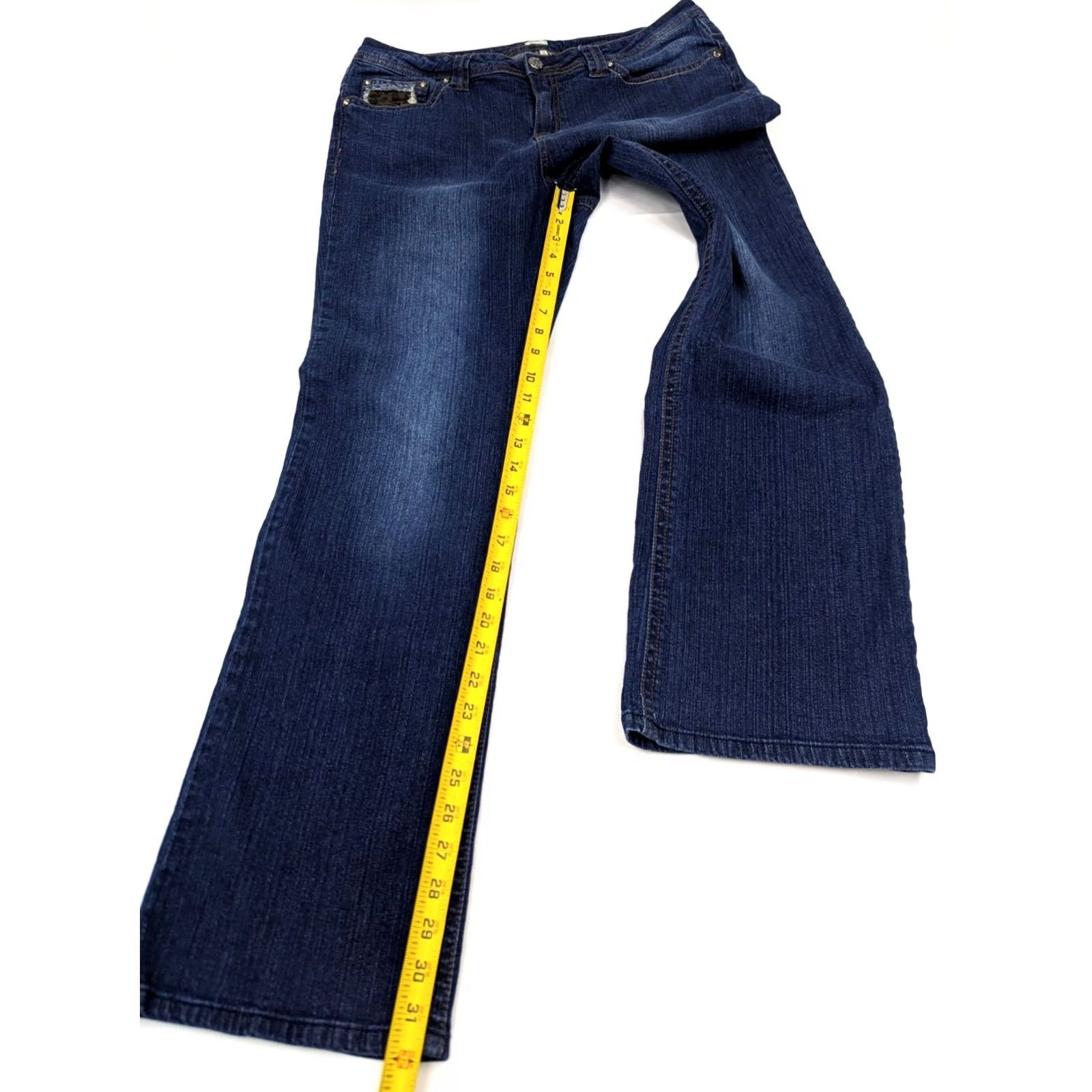 Denime Reba Jeans Bootcut Women 14 Inlay Leopard Embellished Blue Denim 34x32 Stretch Medium Wash 5-Pocket Country Style Size 36" / US 14 / IT 50 - 4 Thumbnail