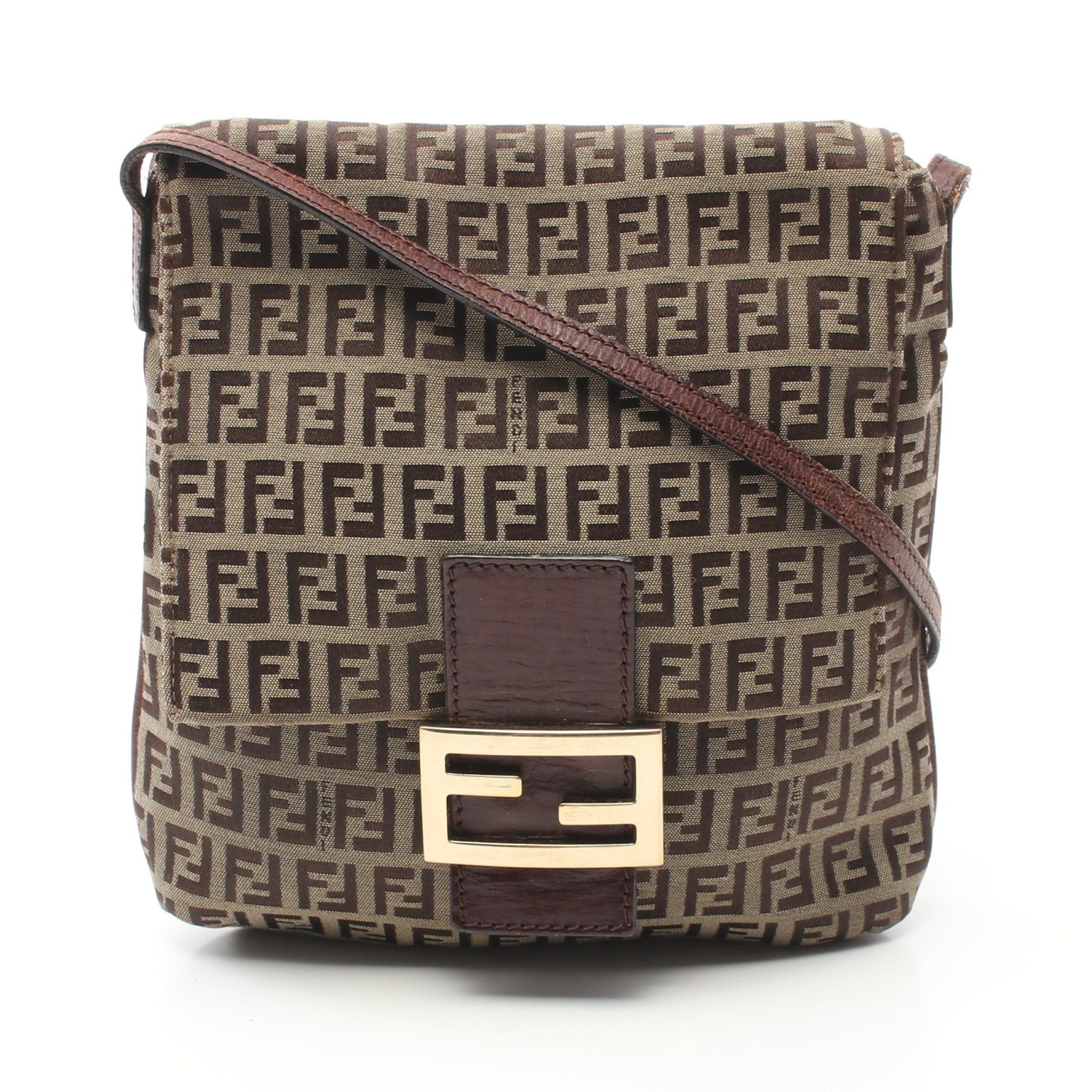 Fendi Zucchino Shoulder Bag Canvas Leather Beige Dark Brown