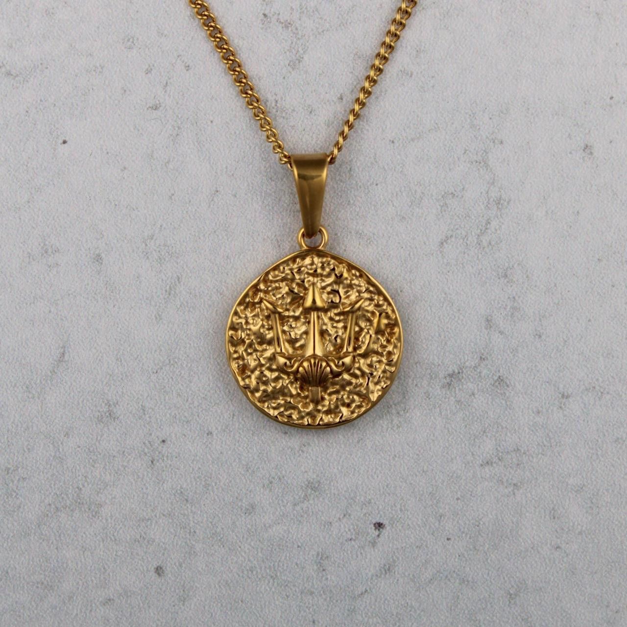 Jewelry Gold Trident Coin Pendant Chain Necklace Size ONE SIZE - 2 Thumbnail