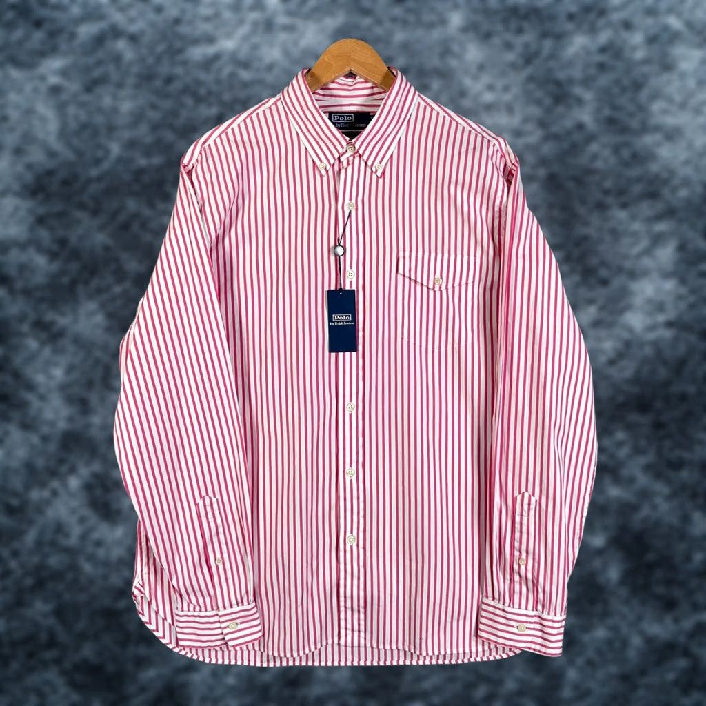 Polo Ralph Lauren Polo Ralph Lauren Poplin Shirt Men XL Pink White Stripe Custom Fit Shirt Long Sleeve Button-Up Collared Crafted with Cotton, Preppy Theme Mens Size US XL / EU 56 / 4 - 1 Thumbnail