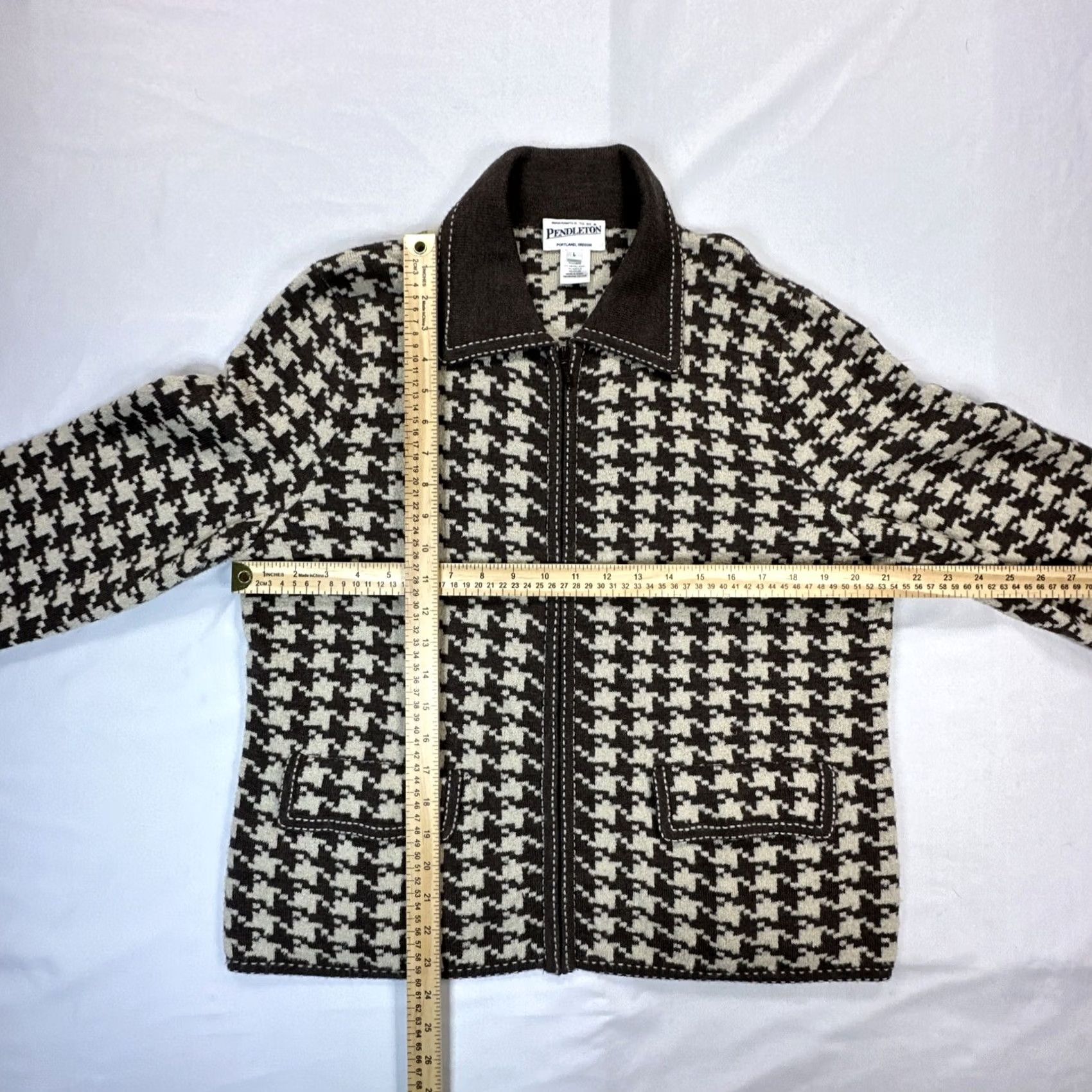 Pendleton Pendleton Cardigan Sweater L Wool Blend Full Zip Houndstooth Brown Women's Size L / US 10 / IT 46 - 2 Thumbnail