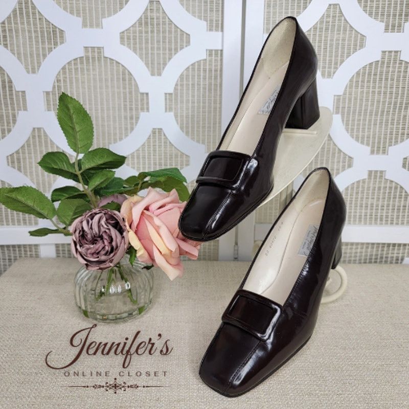 Lord & Taylor Lord & Taylor Brown Patent Leather Buckle Block Heel Pumps Size US 9.5 / IT 39.5 - 1 Thumbnail