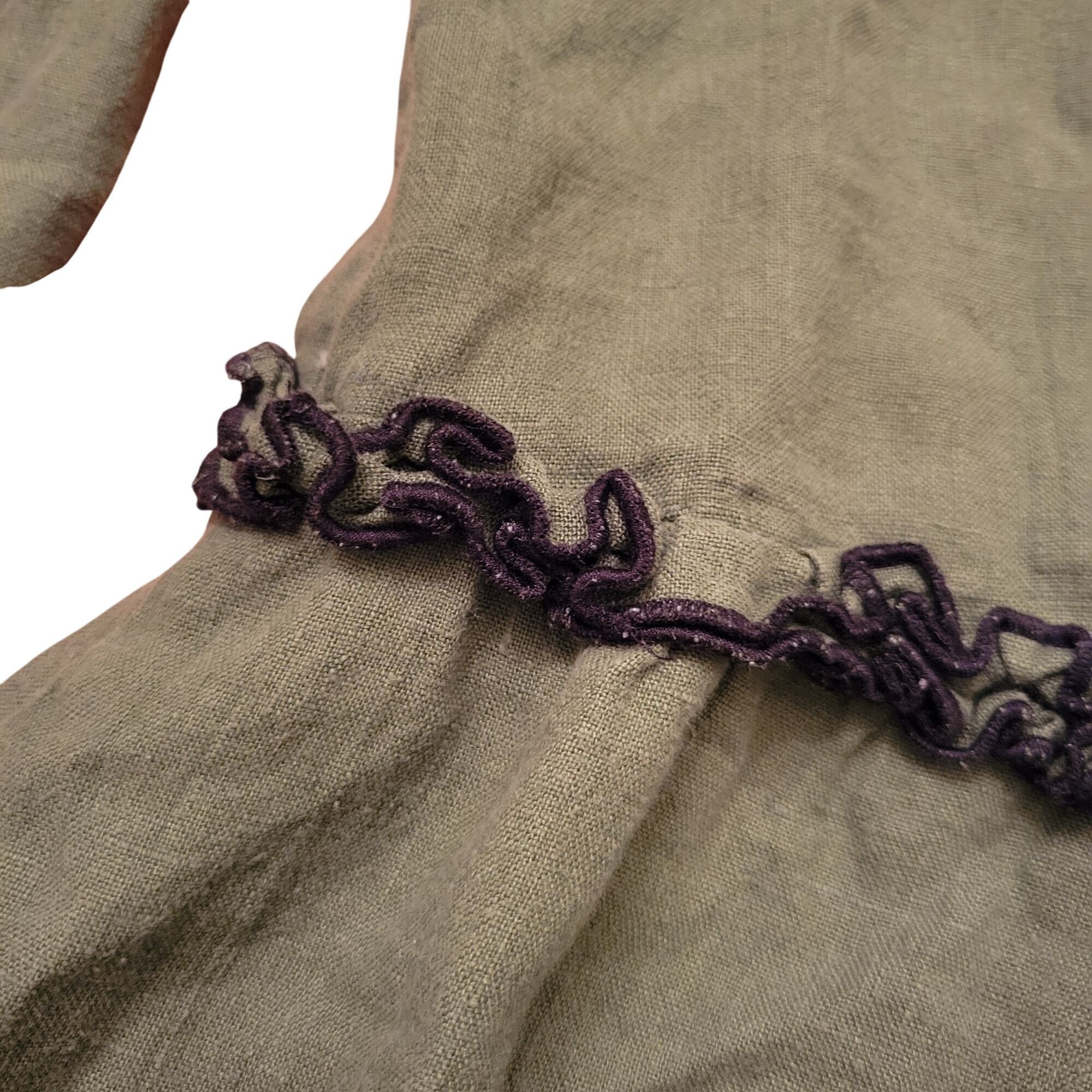 Vintage Sarah Clemens Olive Green Linen Dress Black Ruffle Trim Long Size ONE SIZE - 5 Thumbnail