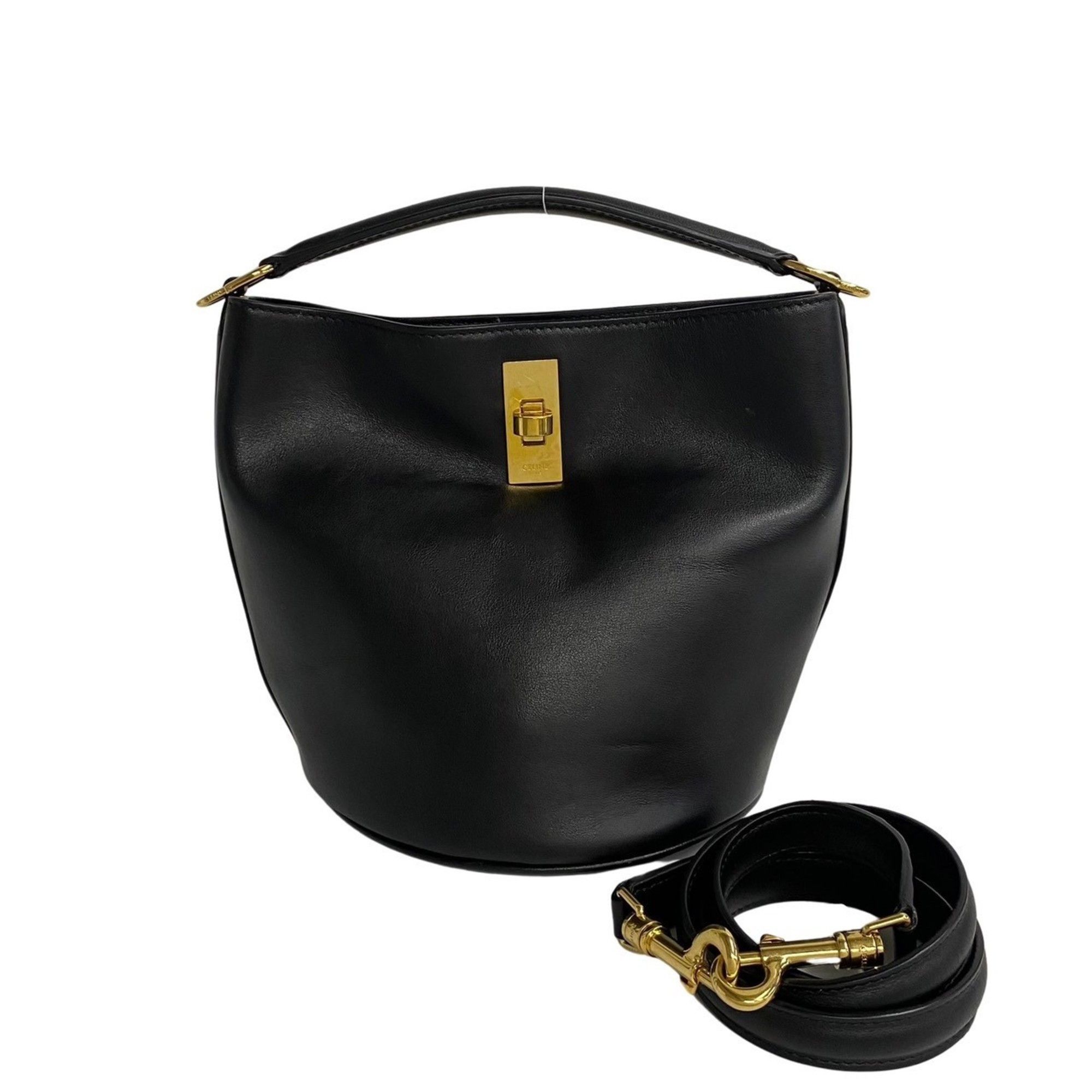 image of Celine Bucket 16 Calf Leather Genuine 2Way Turnlock Handbag Shoulder Bag Black 45852, Women's