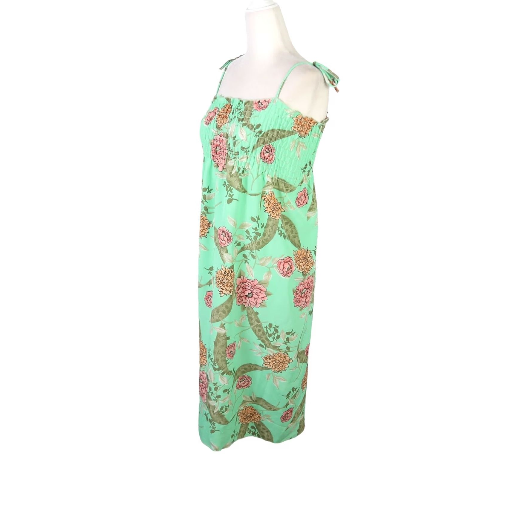 Vintage VINTAGE 70s Pretty Girl Floral Smocked Midi Dress S Women Sleeveless Green Pink Bohemian Sundress Fashion Dress Size S / US 4 / IT 40 - 3 Thumbnail