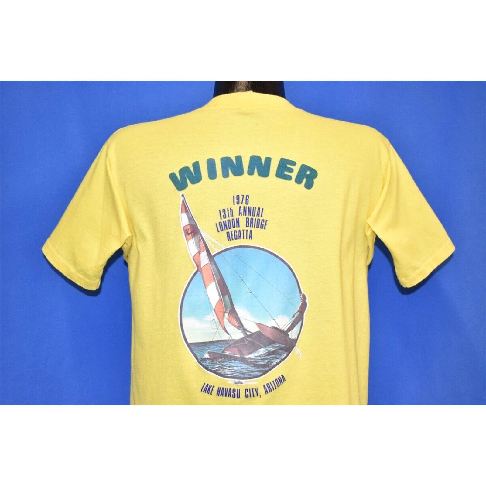 image of Vintage VTG 70's London Bridge Regatta Winner 76 Lake Havasu Arizona Sailboat T-Shirt L in White (S