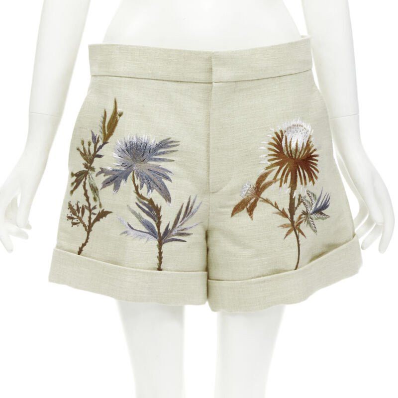 Dior CHRISTIAN DIOR beige cotton linen Dandelion floral embroidery cuffed shorts FR38 Size 28" / US 6 / IT 42 - 1 Thumbnail