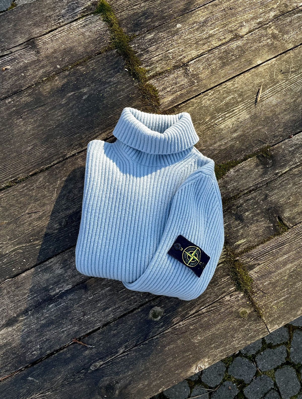 image of Vintage Stone Island Turtleneck Sweater Wool Knit Ribbed in Blue, Men's (Size Small)