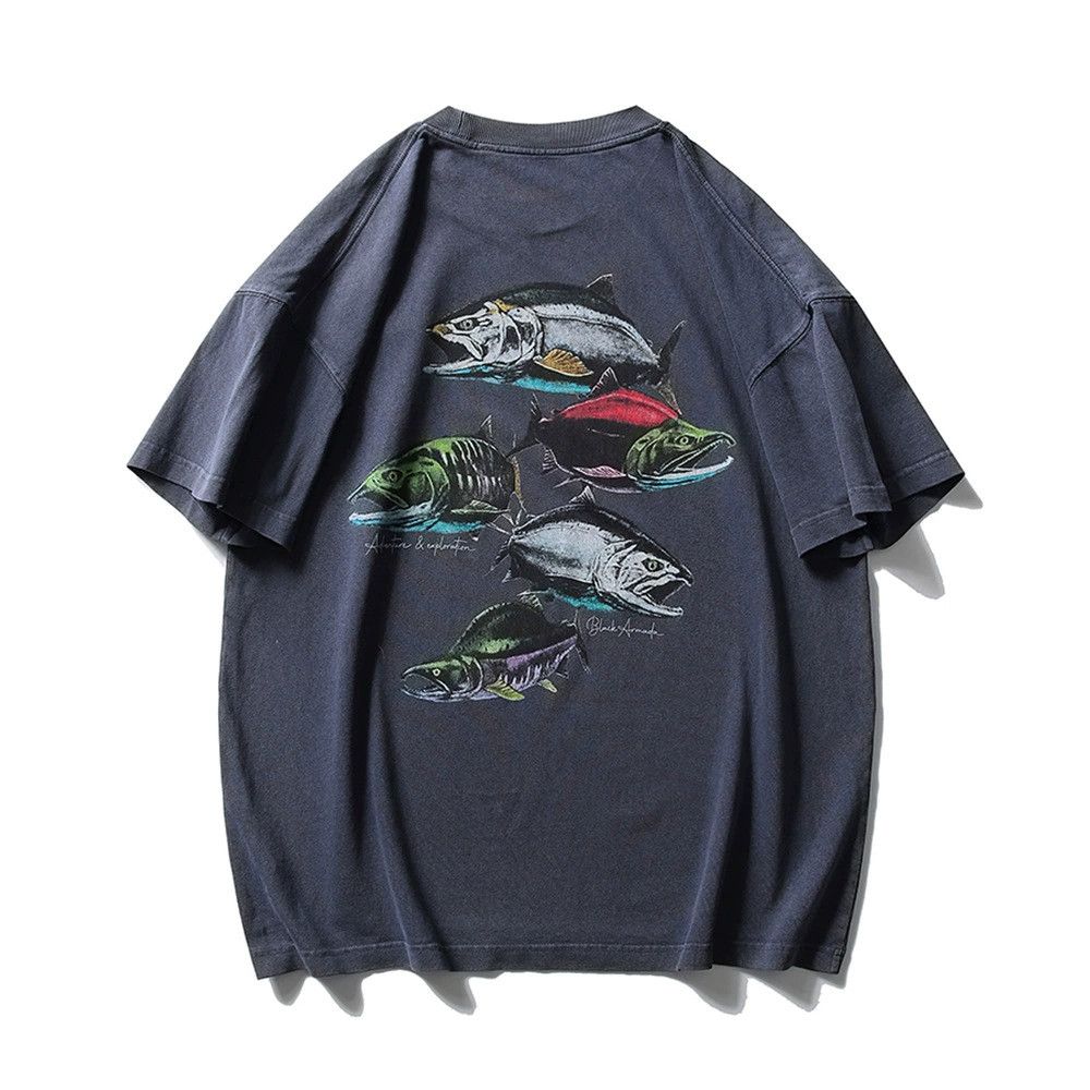 Vintage Men's washed distressed loose hip-hop fish print T-shirt Size US M / EU 48-50 / 2 - 1 Thumbnail