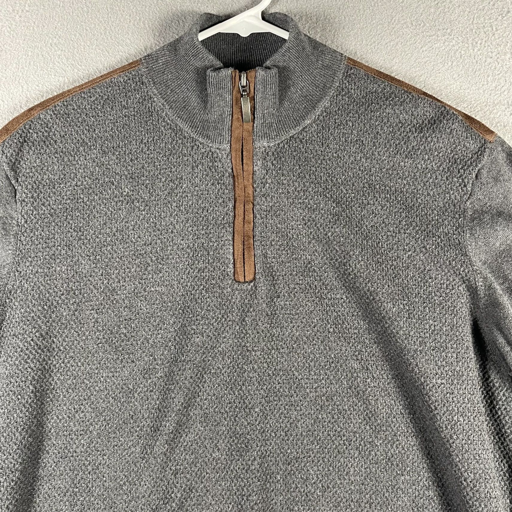 Vintage Alan Flusser Sweater Mens Large Gray Quarter Zip Pullover Brown Trim Cotton Sweatshirt Cardigan Beige Knit Size US M / EU 48-50 / 2 - 2 Thumbnail