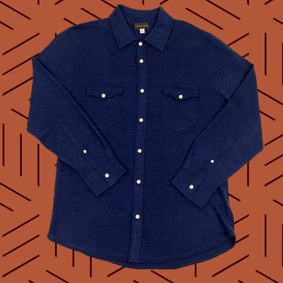 Vintage Thomas Dean Sweater Men Large Blue Wool Blend Button Up Office Casual Dress Prep Size US L / EU 52-54 / 3 - 1 Thumbnail