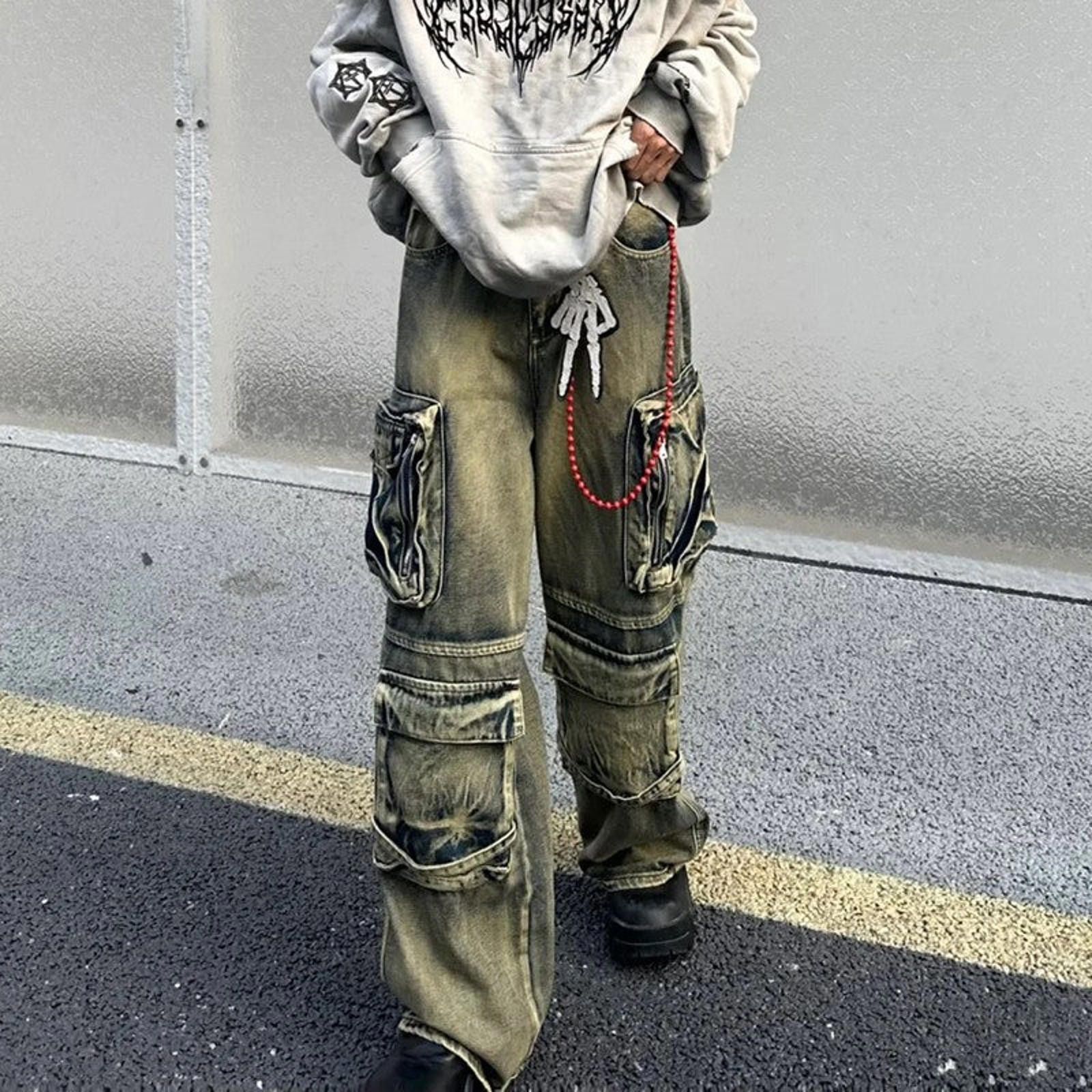 Other Khaki Baggy / Chunky Bleached Cargo Wide Leg Jeans Size US 33 - 1 Thumbnail