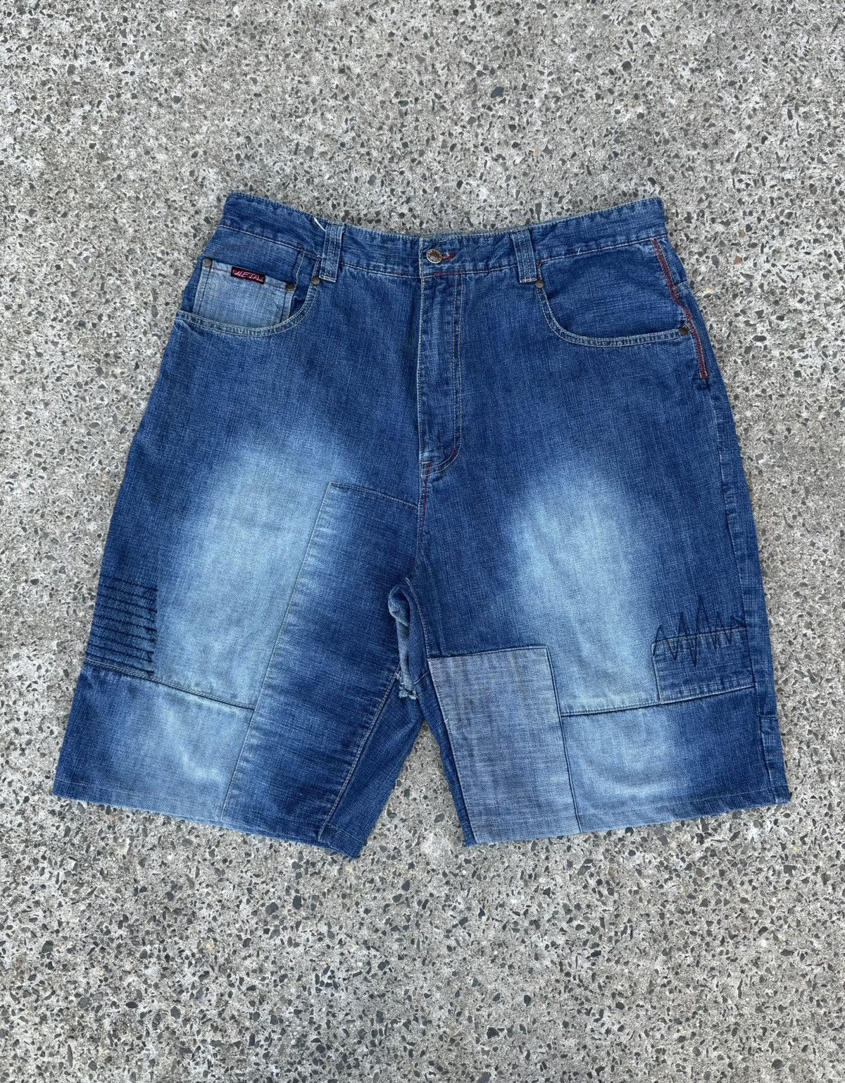 JNCO × Sean John × Vintage METAL Patchwork Denim Shorts W40 L33 Blue Distressed Baggy Size US 40 / EU 56 - 6 Thumbnail