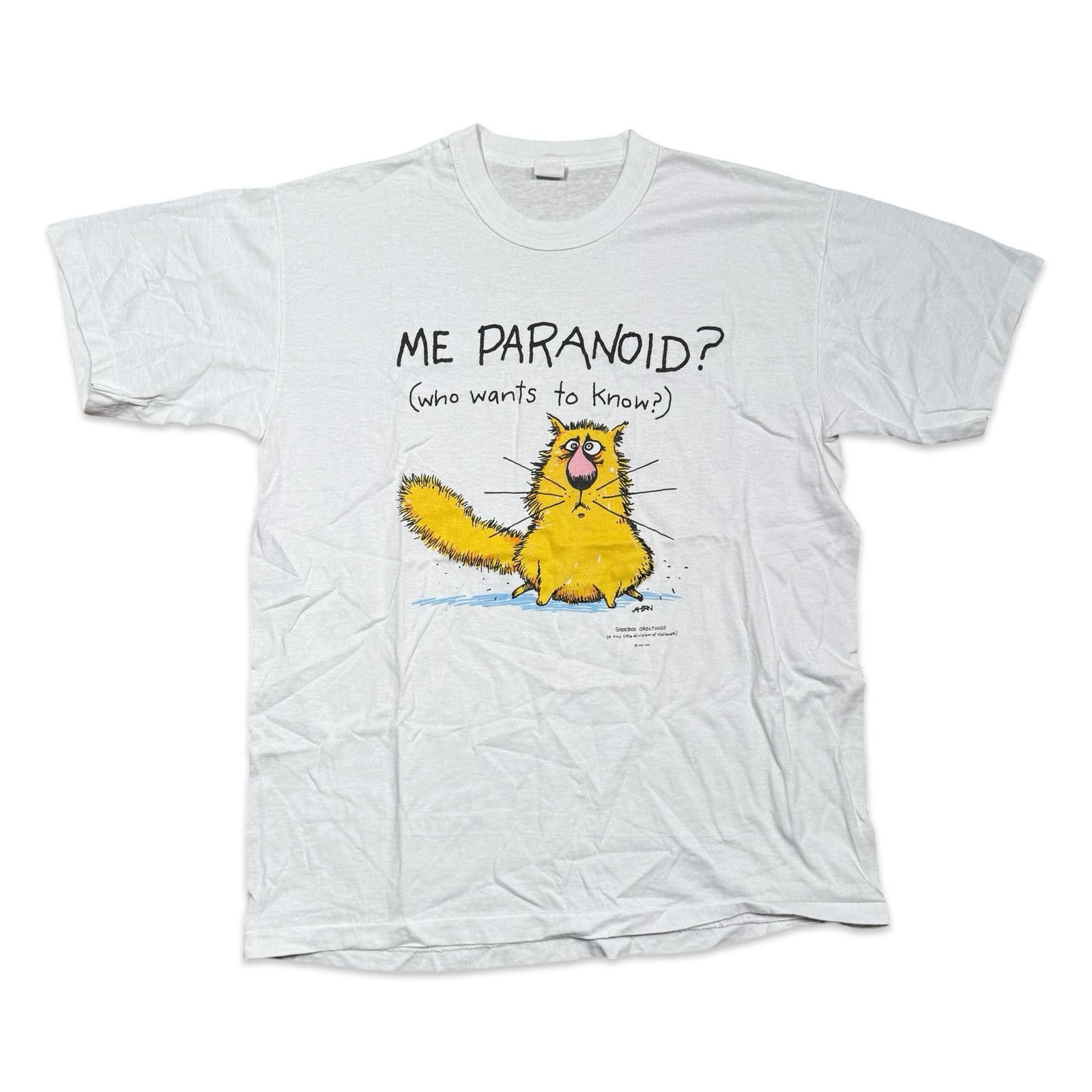 Vintage Vintage 'Me Paranoid?' Shoebox Greetings Funny Cat T-Shirt Size US XL / EU 56 / 4 - 1 Thumbnail