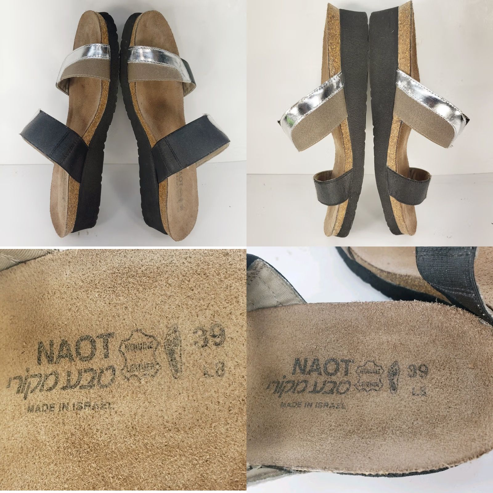 Vintage Naot Women's Sandal Black Silver Metallic Beige Leather Slide Wedge Rhinestone Open Toe 8 Slip-On Leather Insole Outsole Rubber Women Size US 8 / IT 38 - 8 Thumbnail