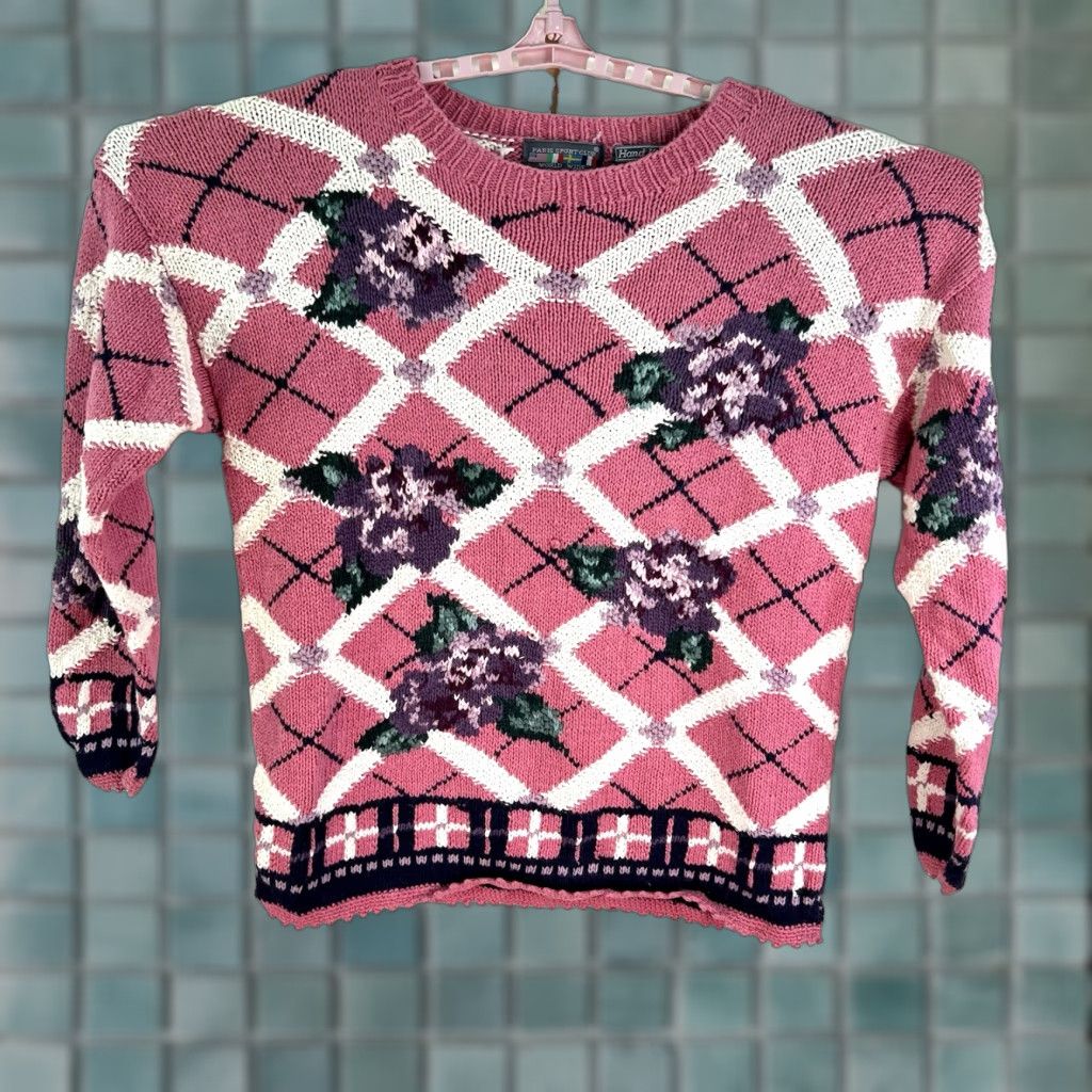 Vintage VINTAGE Paris Sports Club Sweater Womens L Pink Floral Knit Pullover Raglan Long Sleeve Round Neck 80s 90s City Paris (Hand Knitted) Size L / US 10 / IT 46 - 1 Thumbnail