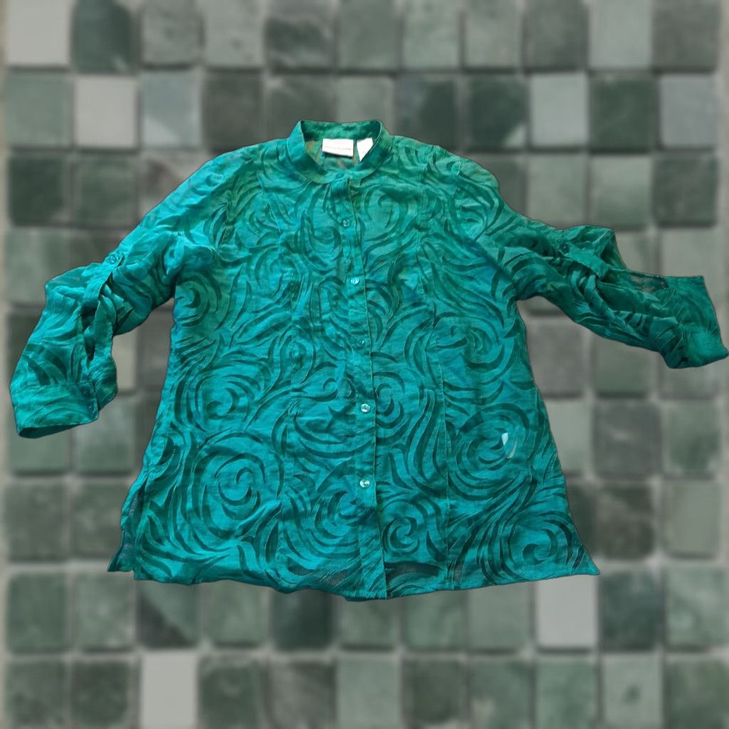 Vintage Alfred Dunner Shirt Women 12 Teal Blue Long Sleeve Sheer Button Up Top Size XL / US 12-14 / IT 48-50 - 1 Thumbnail
