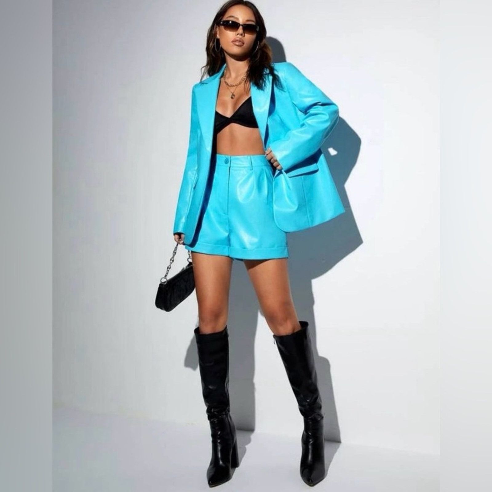 Other New Y2K Faux Leather Chic Turquoise Blazer and Shorts Set S Size 27" / US 4 / IT 40 - 4 Thumbnail