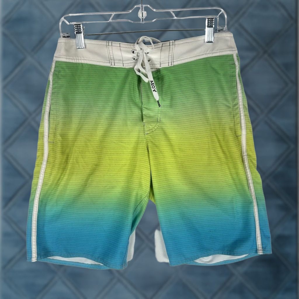 American Eagle Outfitters American Eagle Board Shorts Small Green Blue Yellow Swimsuit Swim Trunks Pockets Men Regular Size Chevron Beach or Board Size US 29 - 1 Thumbnail