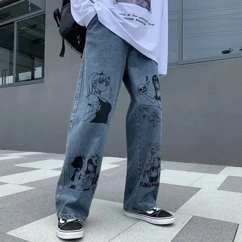Japanese Brand Unisex jeans graffiti print Korean American hip-hop style Size US 32 / EU 48 - 6 Thumbnail