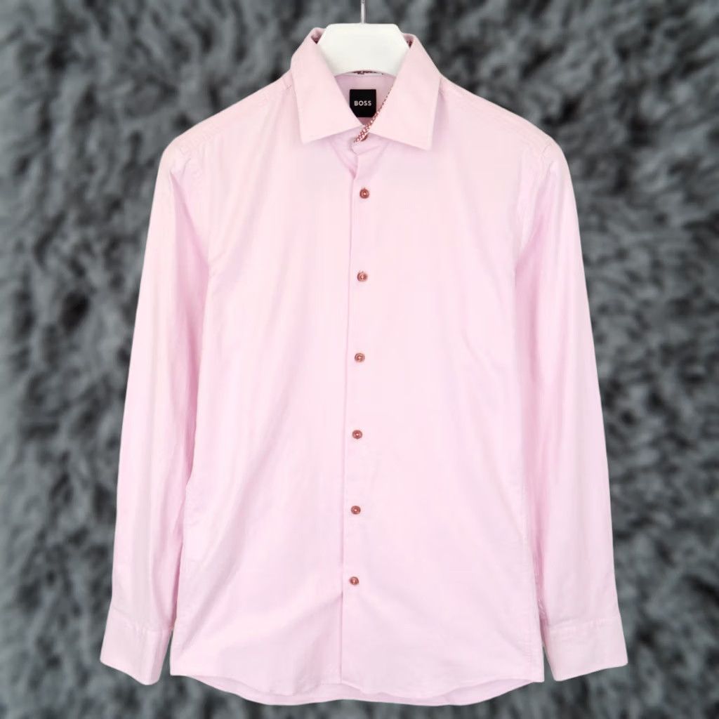 Hugo Boss HUGO BOSS Dress Shirt Men Slim Fit Pink Shirt Small Long Sleeve Formal Easy Iron H-Hank-kent-C3-214 Size 36R - 1 Thumbnail
