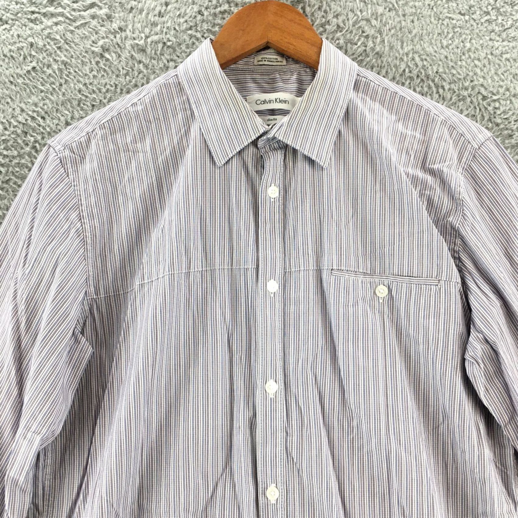 Calvin Klein Calvin Klein Dress Shirt Mens M Slim Fit Purple Stripe Long Sleeve Cotton Dress Shirt Striped Button-Down Collar Size 40R - 2 Thumbnail