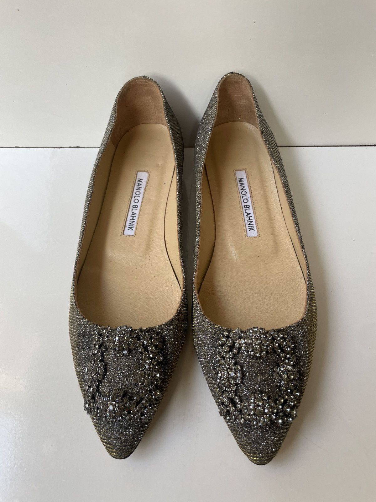 Manolo Blahnik Manolo Blahnik Hangisi Jeweled Glitter Silver Flats EUR 38 Size US 8 / IT 38 - 1 Thumbnail