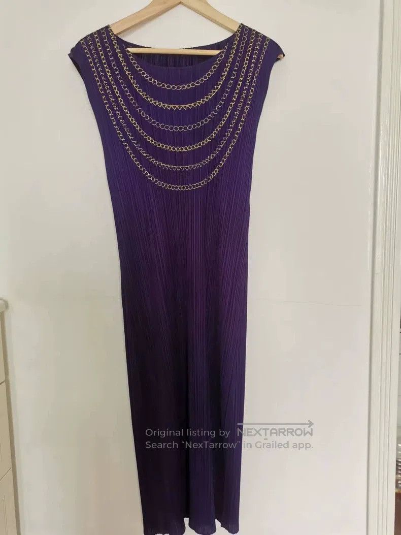 Issey Miyake Issey Miyake Sleeveless Gold Embroidery Chain Purple Dress Size XXL / US 16-18 / IT 52-54 - 2 Thumbnail
