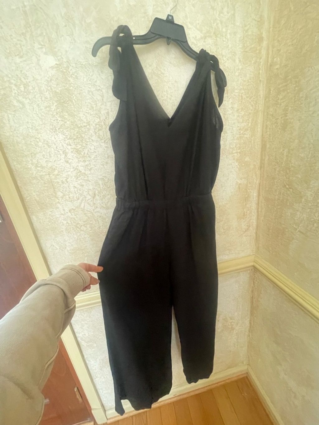 Other Heroes & Dreamers Black Linen Tie Shoulder Jumpsuit L Wide Size 33" - 3 Thumbnail