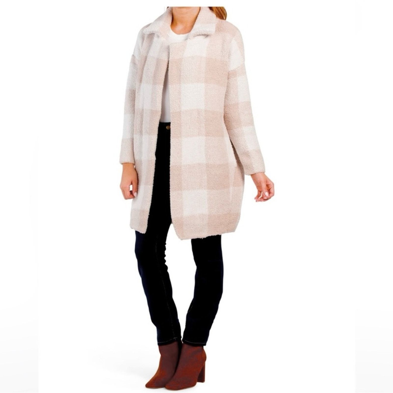 H HALSTON Buffalo Check Collar Cardigan With Pockets