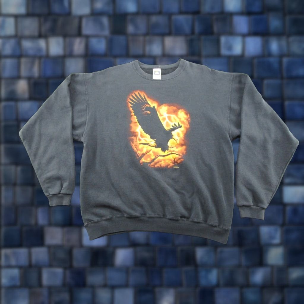 Vintage VINTAGE Human-i-Tees Bald Eagle Lightning Crewneck Sweatshirt Mens XL Black 90s Graphic Print Sweatshirt Mens XL Faded Size US XL / EU 56 / 4 - 1 Thumbnail