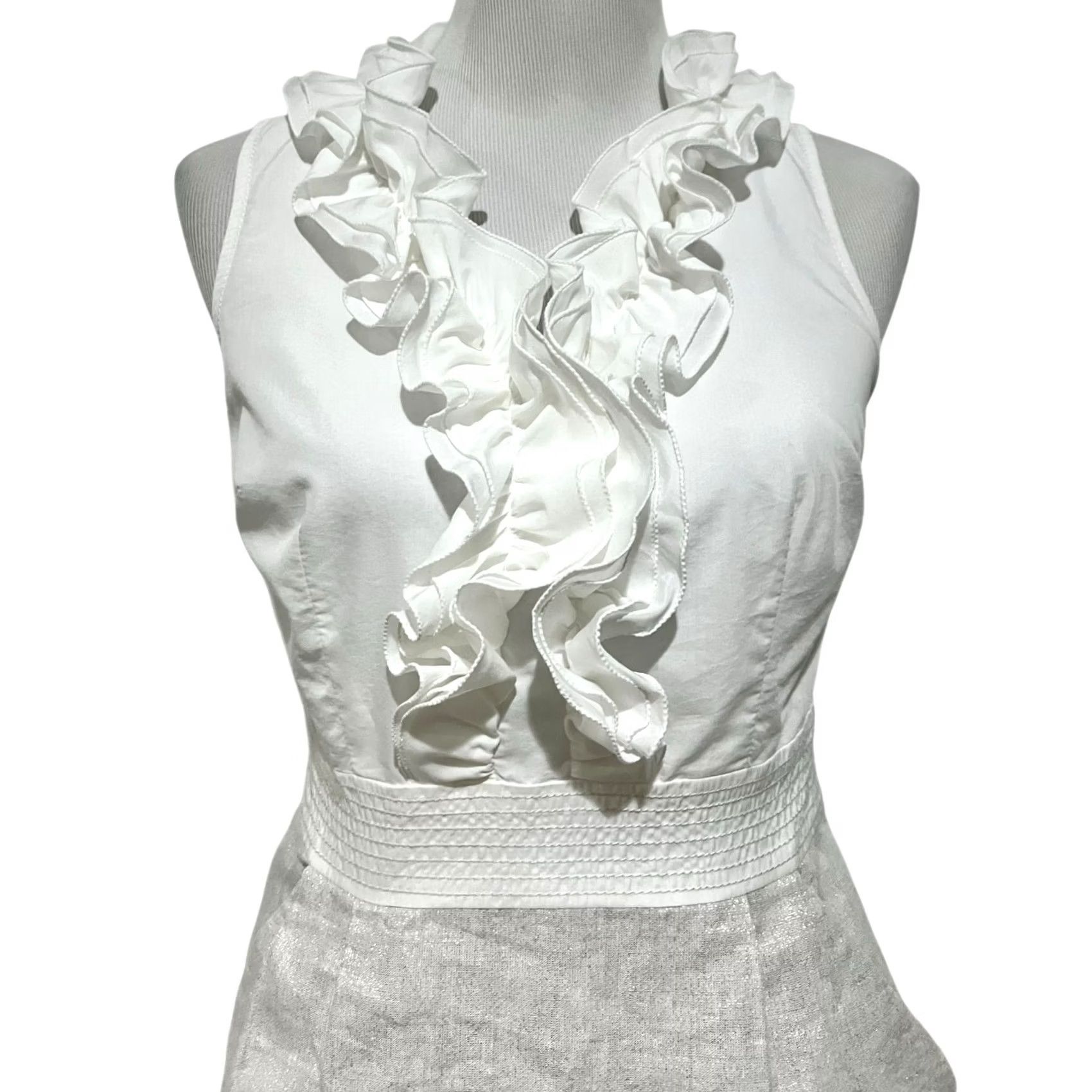 Loft LOFT Petites Pencil Dress White Cream w/ Metallic Ruffle V-Neck Pockets Sz 4P Dress Women Pencil Dress Size S / US 4 / IT 40 - 2 Thumbnail