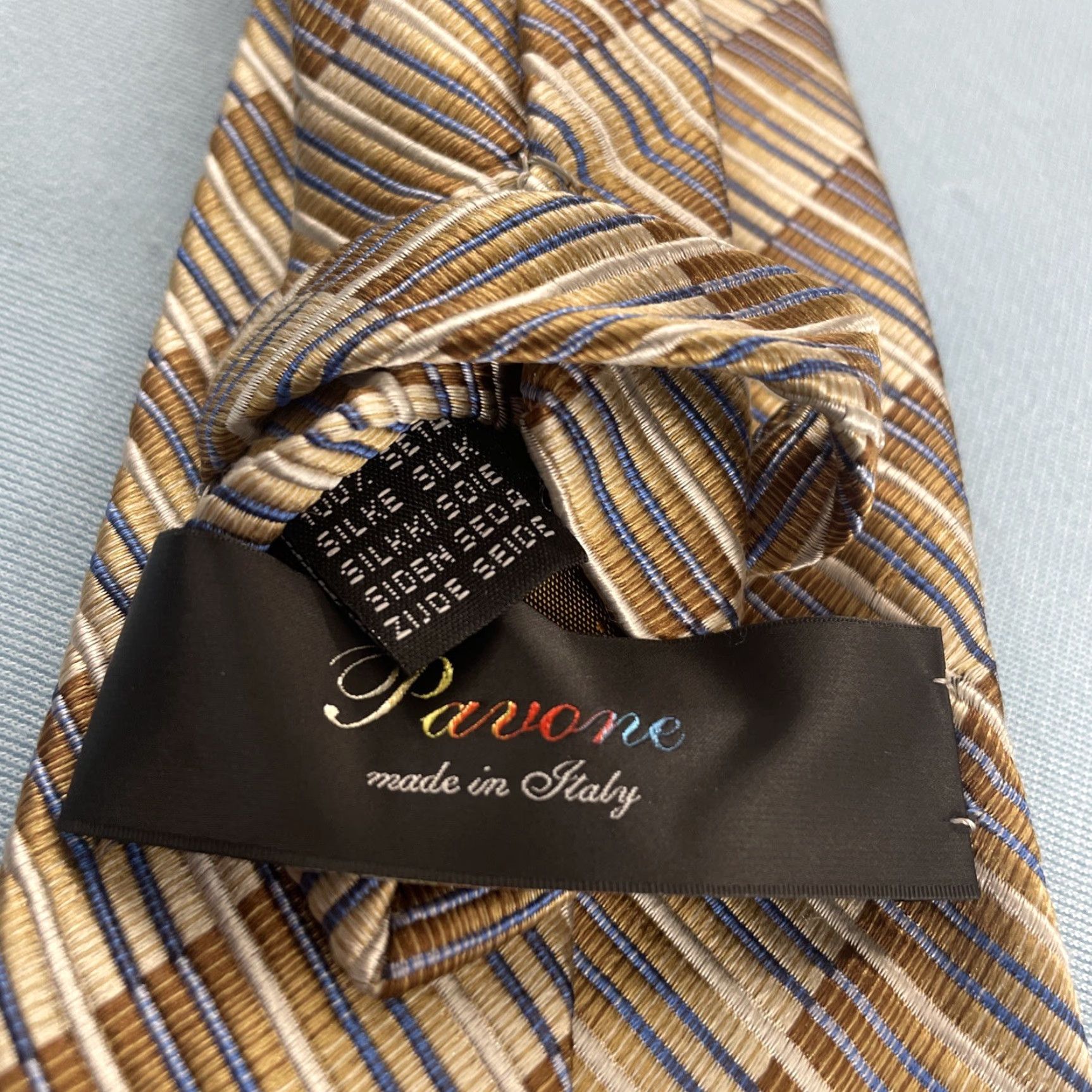 Vintage Pavone Tie Geometric Ribbed Woven Silk ITALY Vintage 3.5x61" Brown Cream Blue Mens Width 3.5" 1990s Signature Statement Size ONE SIZE - 5 Thumbnail