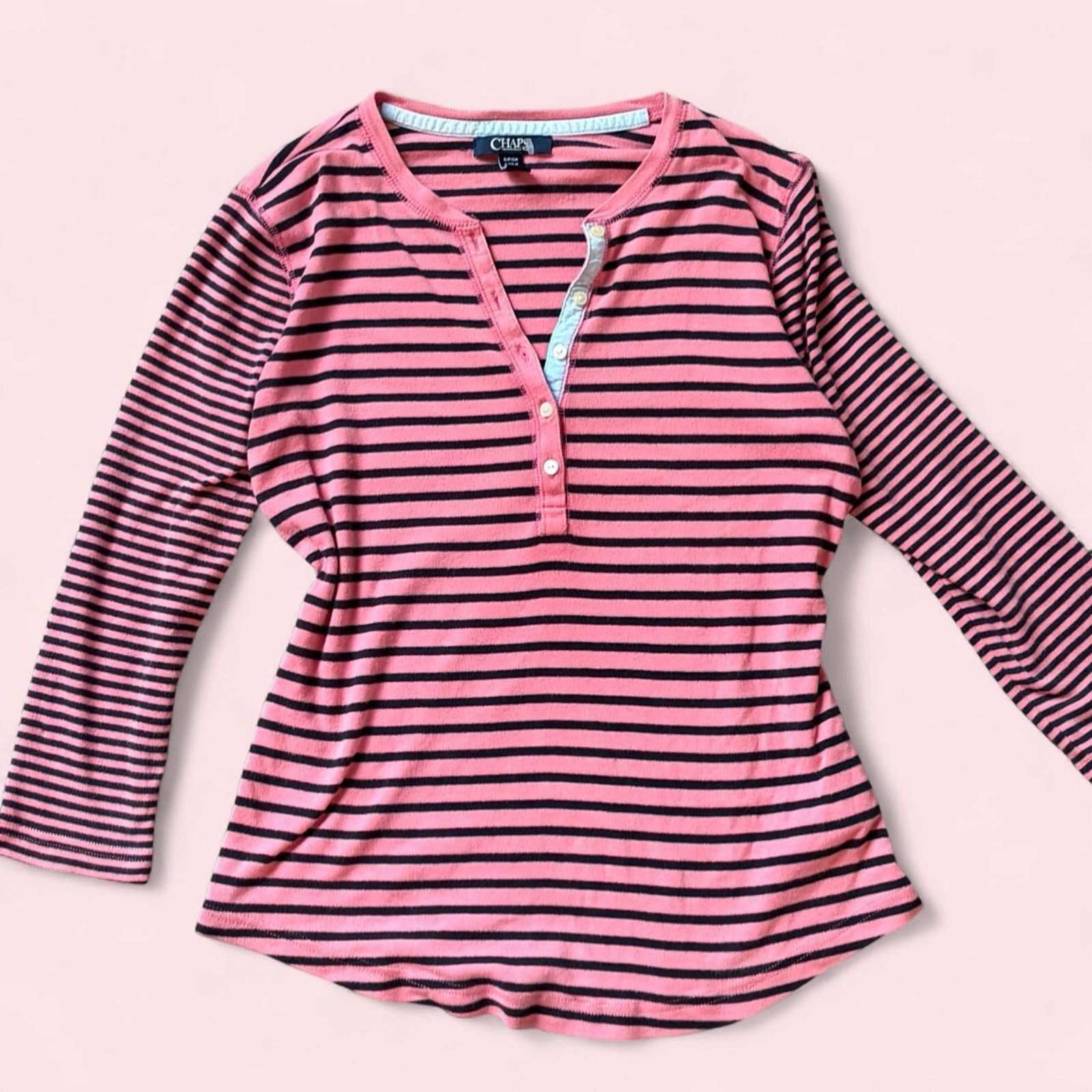 Chaps Chaps pink & black striped long sleeve top w button detail Size S / US 4 / IT 40 - 1 Thumbnail