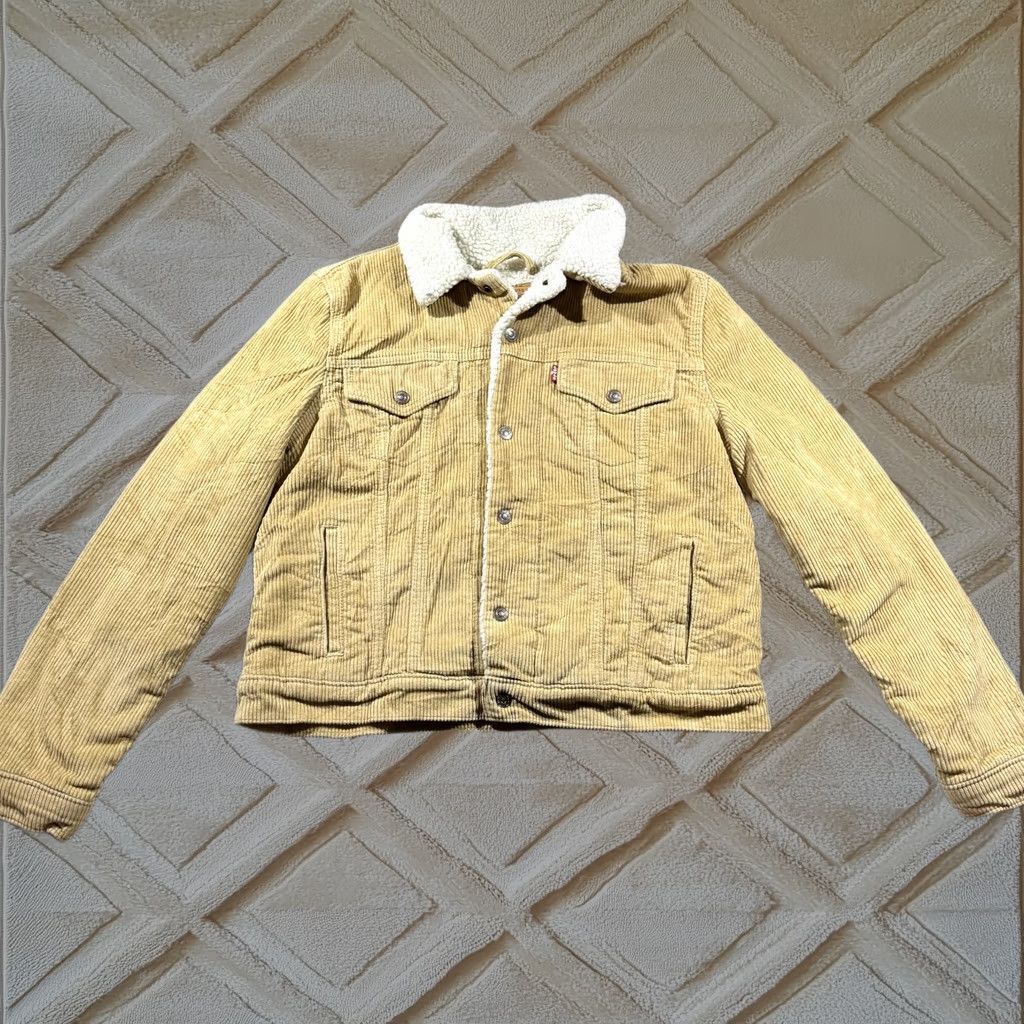 Levi's Jacket Mens Large Beige Velvet Quilted Sherpa Lined Button Front Winter, Men's
