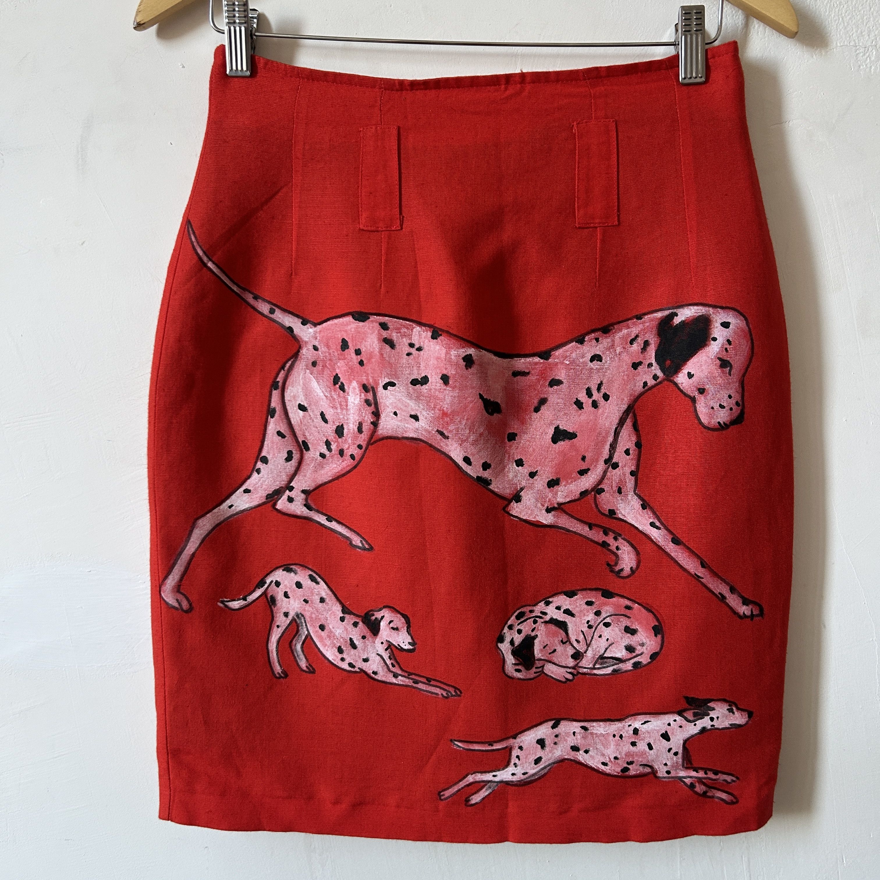 Custommade Painted Dalmatian Dog Red Linen Cotton Mini Skirt Size 27" / US 4 / IT 40 - 8 Thumbnail