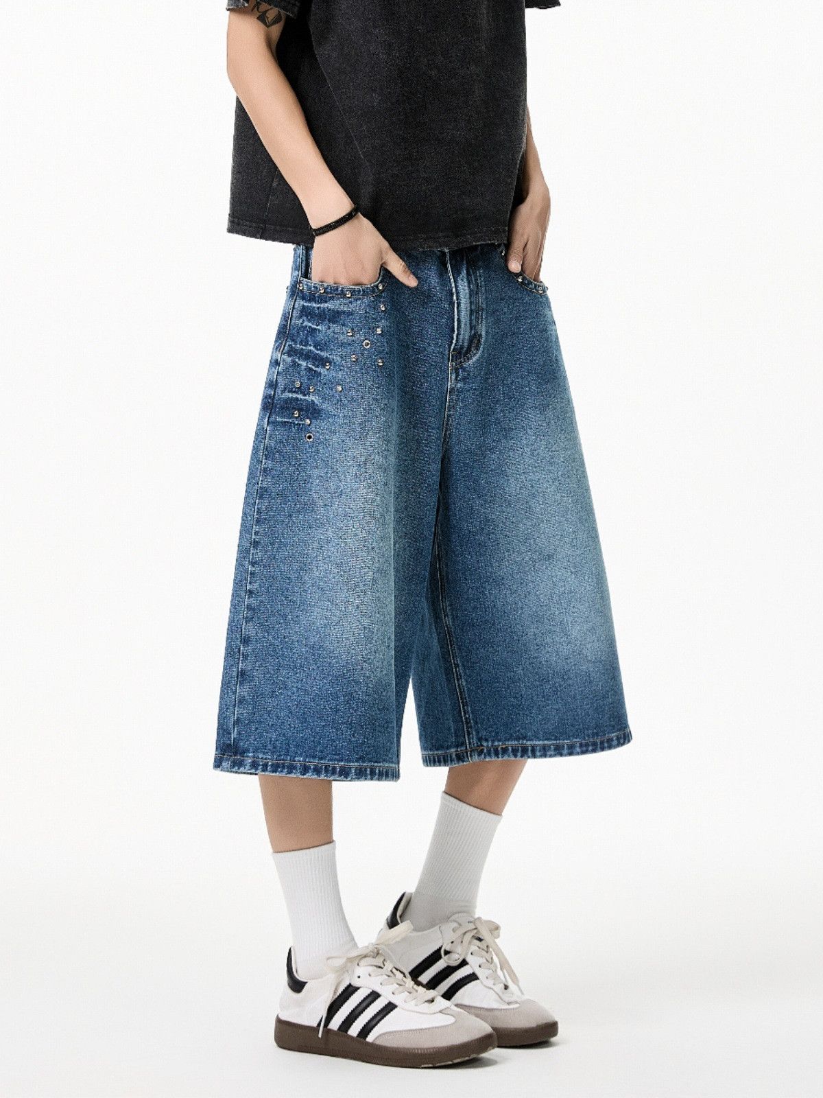 Japanese Brand Men's Blue American-Style Wide-Leg Denim Shorts (Clean Fit) Size US 32 / EU 48 - 5 Thumbnail