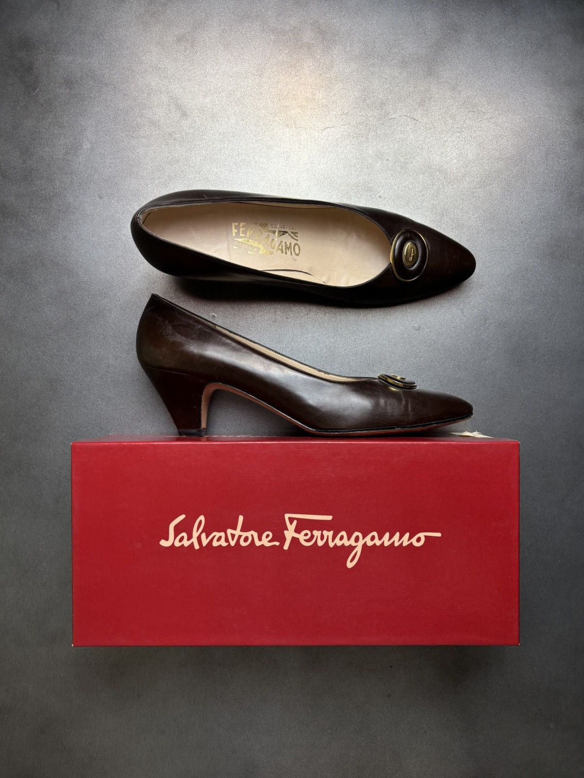 Salvatore Ferragamo × Vintage Vintage Ferragamo Heels Brown Leather Slip On 1980s Box Size US 9.5 / IT 39.5 - 2 Thumbnail