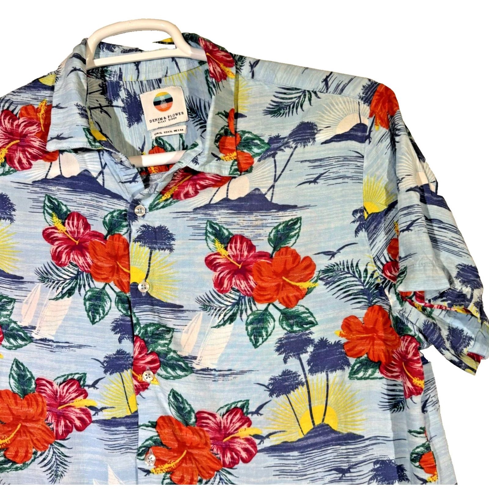 Denime Denim & Flower Shirt Men's XL Hawaiian Multicolor Floral Short Sleeve Cotton Button-Up Casual Size US XL / EU 56 / 4 - 6 Thumbnail