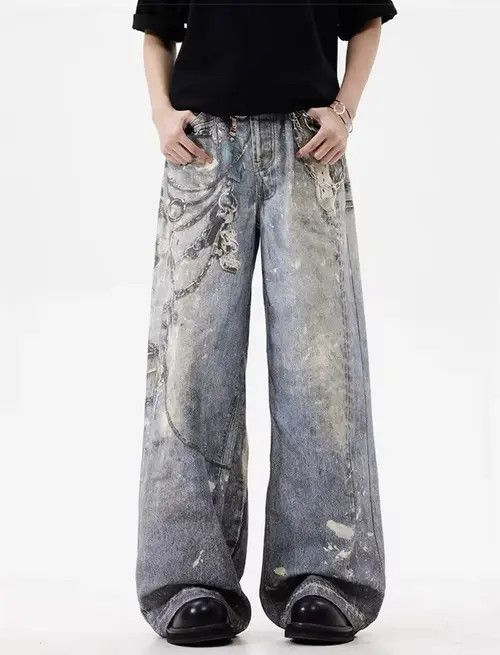 Other New 3D Chain Graphic Printed Baggy Jeans Unisex Size US 33 - 1 Thumbnail