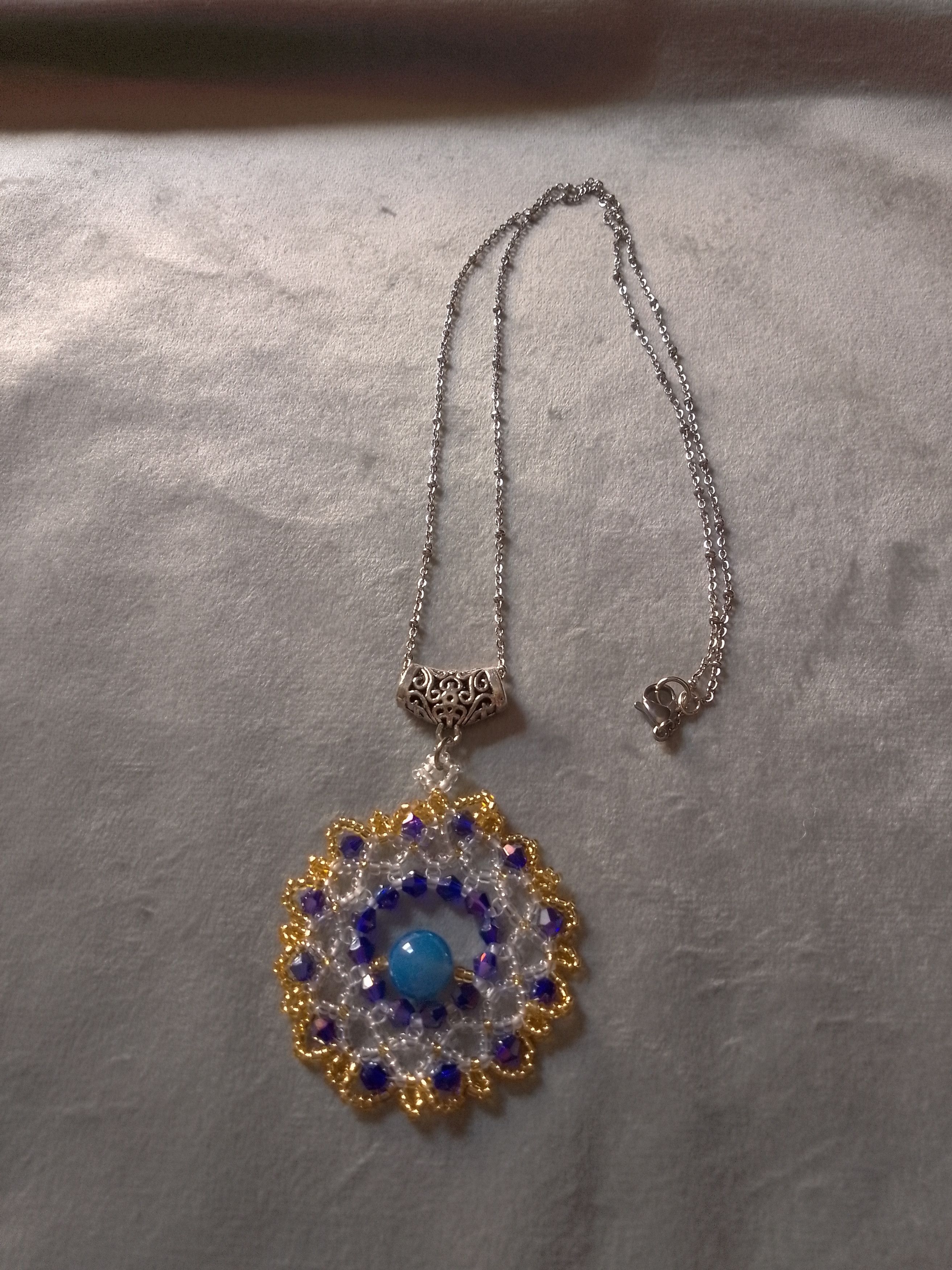 Handmade Long Necklace. Rhodium plated. Blue agate gemstones pendant Size ONE SIZE - 2 Thumbnail