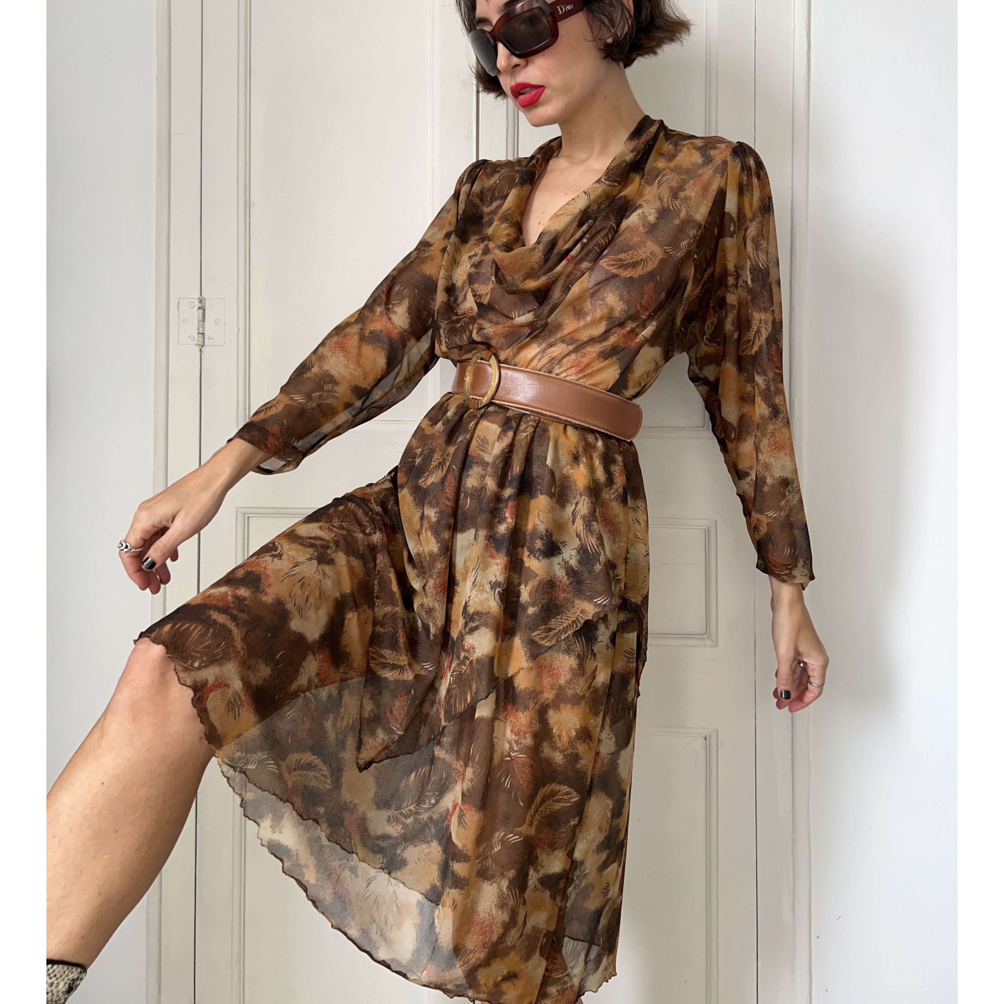Vintage Vintage 80s Sheer Cowl Neck Dress Size L / US 10 / IT 46 - 1 Thumbnail