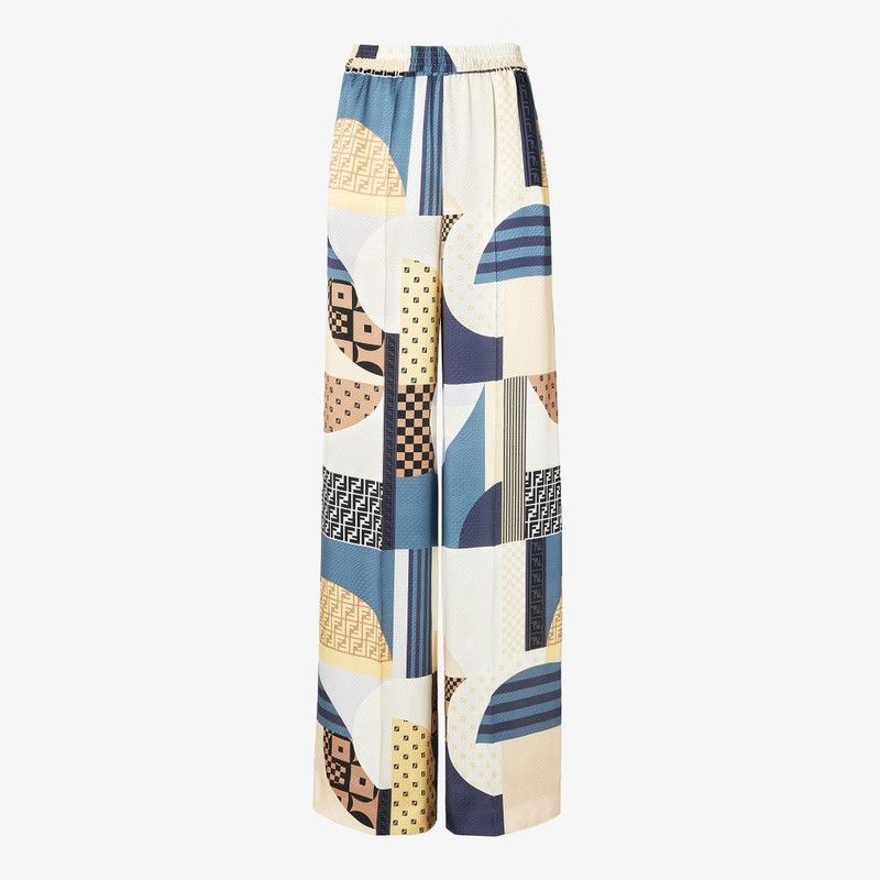 Fendi Fendi Blue Silk Trousers With Patchwork Print Size 27" / US 4 / IT 40 - 1 Thumbnail