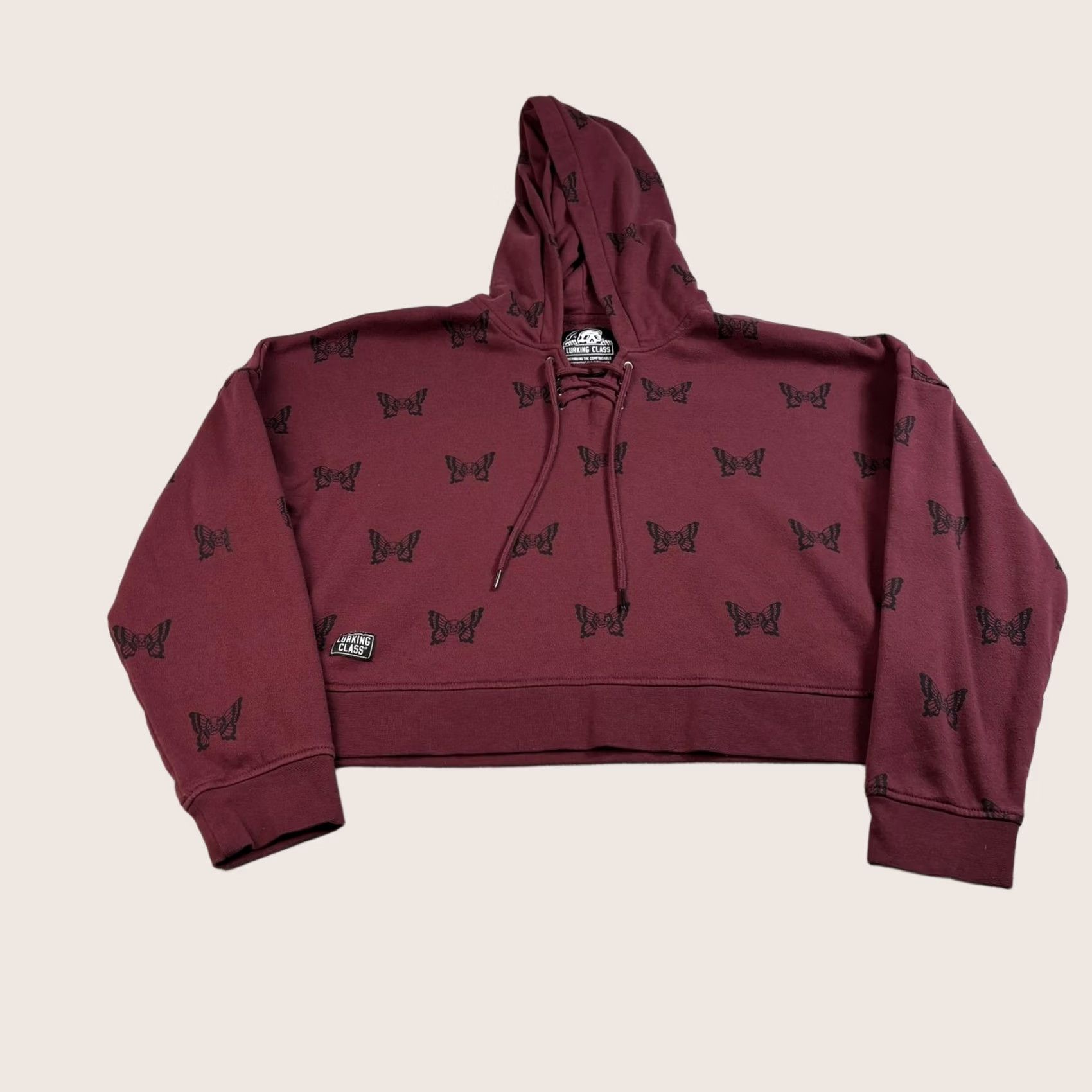 Vintage Lurking Class Hoodie Womens Large Burgundy Skull Butterfly Cropped Lace Up Gothic Pullover Nightwear Top Size L / US 10 / IT 46 - 1 Thumbnail