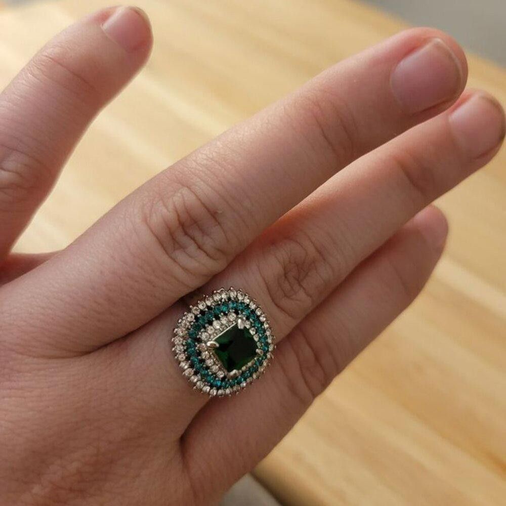 Designer Vintage Emerald & White Sapphire Silver Art Deco Ring Size ONE SIZE - 5 Thumbnail