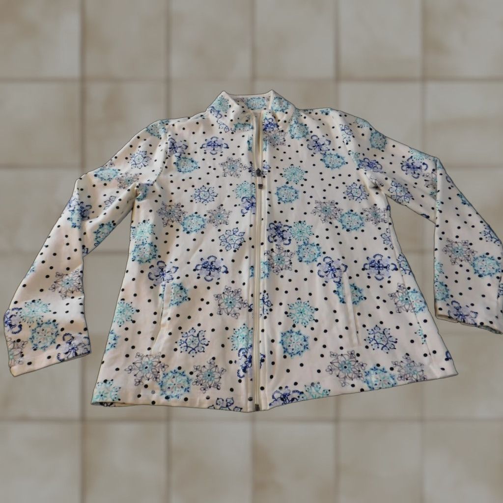 Talbots Talbots Jacket Womens Medium Blue Floral Zip Fleece Stretch Knit Mid-Length Long Sleeve Cotton Shell Embroidered Handcrafted? No Size L / US 10 / IT 46 - 1 Thumbnail