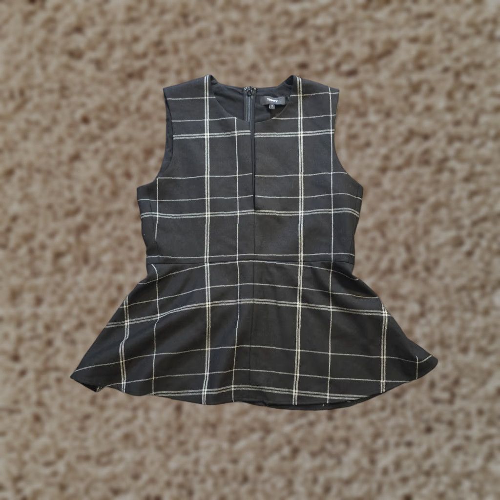 Theory Theory Top Womens Small Black Gray Windowpane Plaid Peplum Sleeveless Capsule Tank V-Neck Zip Shirt Women S Black Gray Windowpane Plaid Peplum Tank Size S / US 4 / IT 40 - 1 Thumbnail