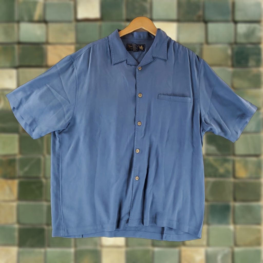 Nat Nast Nat Nast Silk Button Up Shirt Loop Collar Short Sleeve Blue Mens L Size US L / EU 52-54 / 3 - 1 Thumbnail