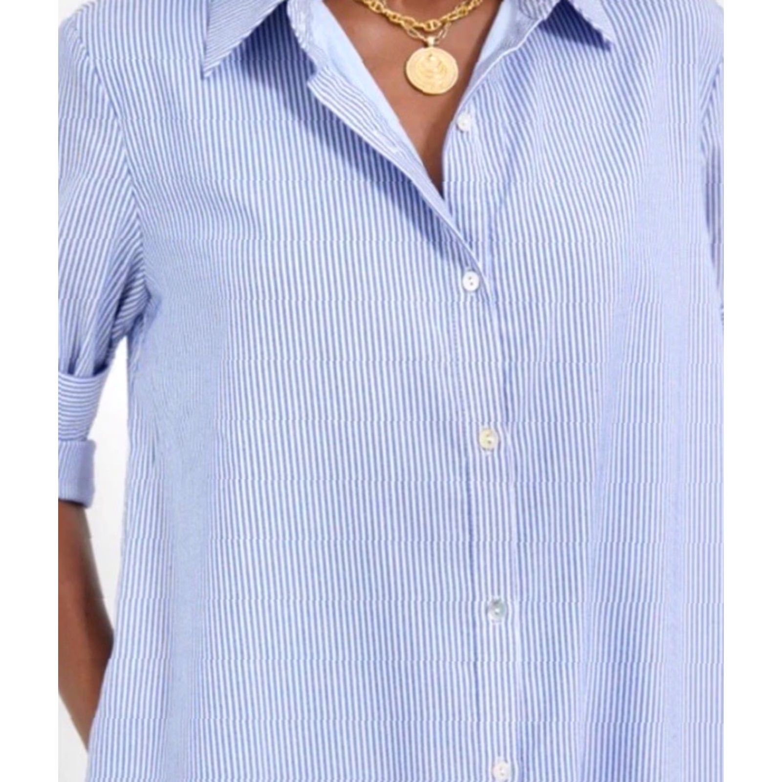 J.McLaughlin J. McLaughlin Shirt Dress Women M Blue-White Striped Midi Collared Pocket Button-Down Casual Dress Size M / US 6-8 / IT 42-44 - 3 Thumbnail