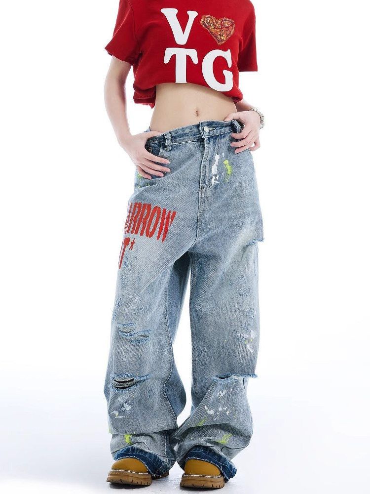 Japanese Brand Street retro men's loose-fitting washed printed ripped jeans Size US 32 / EU 48 - 1 Thumbnail